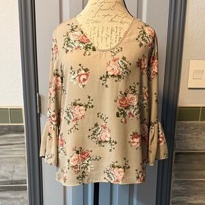 Floral Beige Women's Top with Flare sleeves, Small